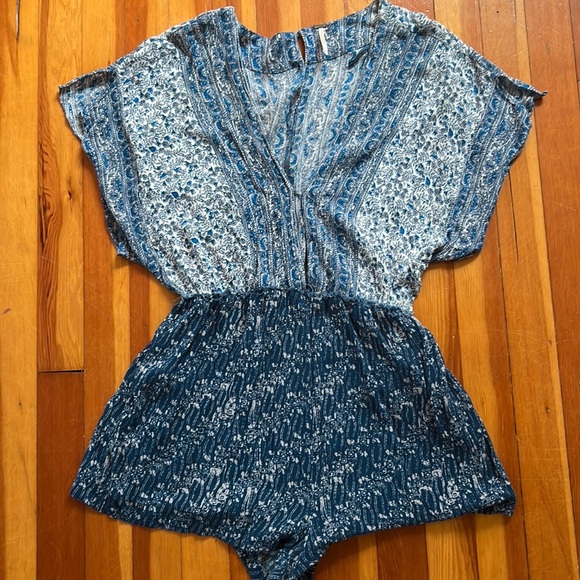 Free People Pants - Free People Blue Patterned Romper